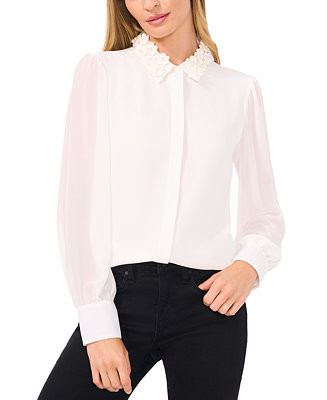 Women's Floral-Appliqué Collared Long-Sleeve Blouse | Macy's