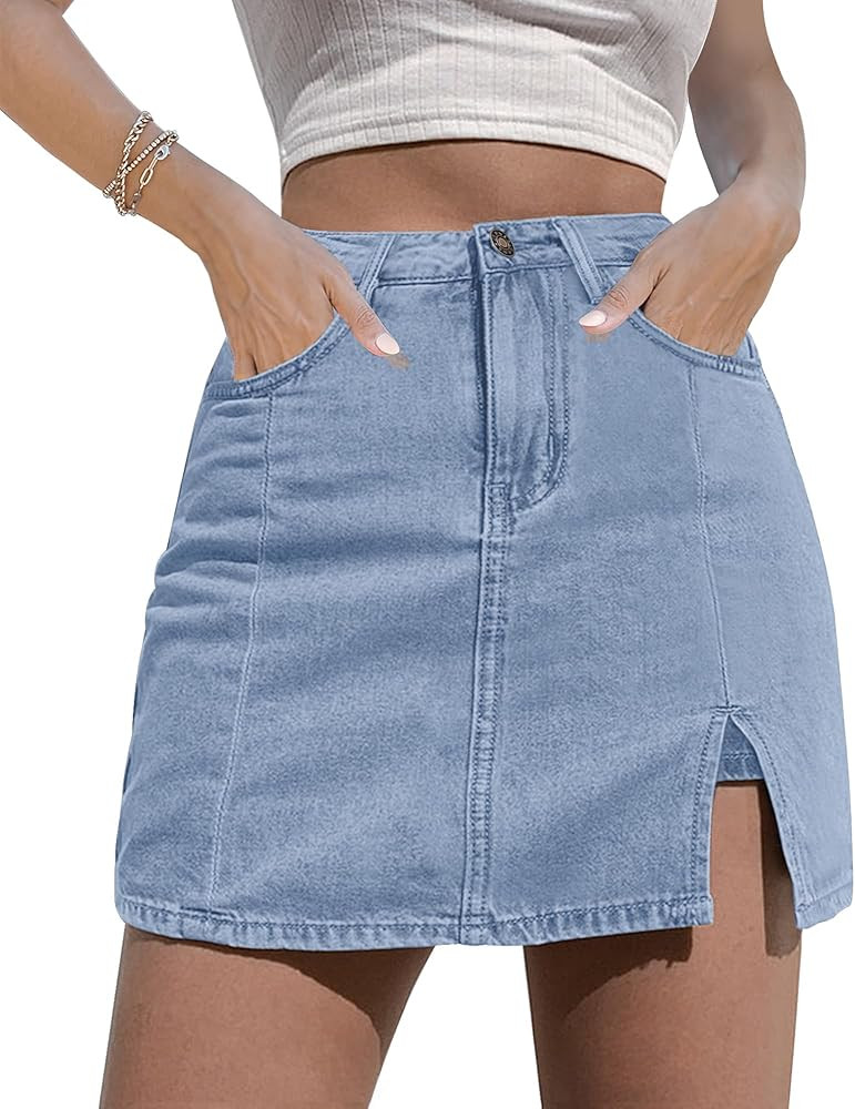 luvamia Skorts Skirts for Women Denim Mini Skirt Side Slit with High Waisted Jean Shorts Stretchy | Amazon (US)