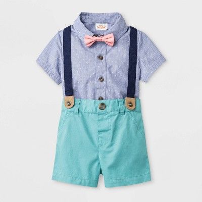 Baby Boys' Short Sleeve Woven Bodysuit with Bowtie and Shorts - Cat & Jack™ Blue/Green | Target