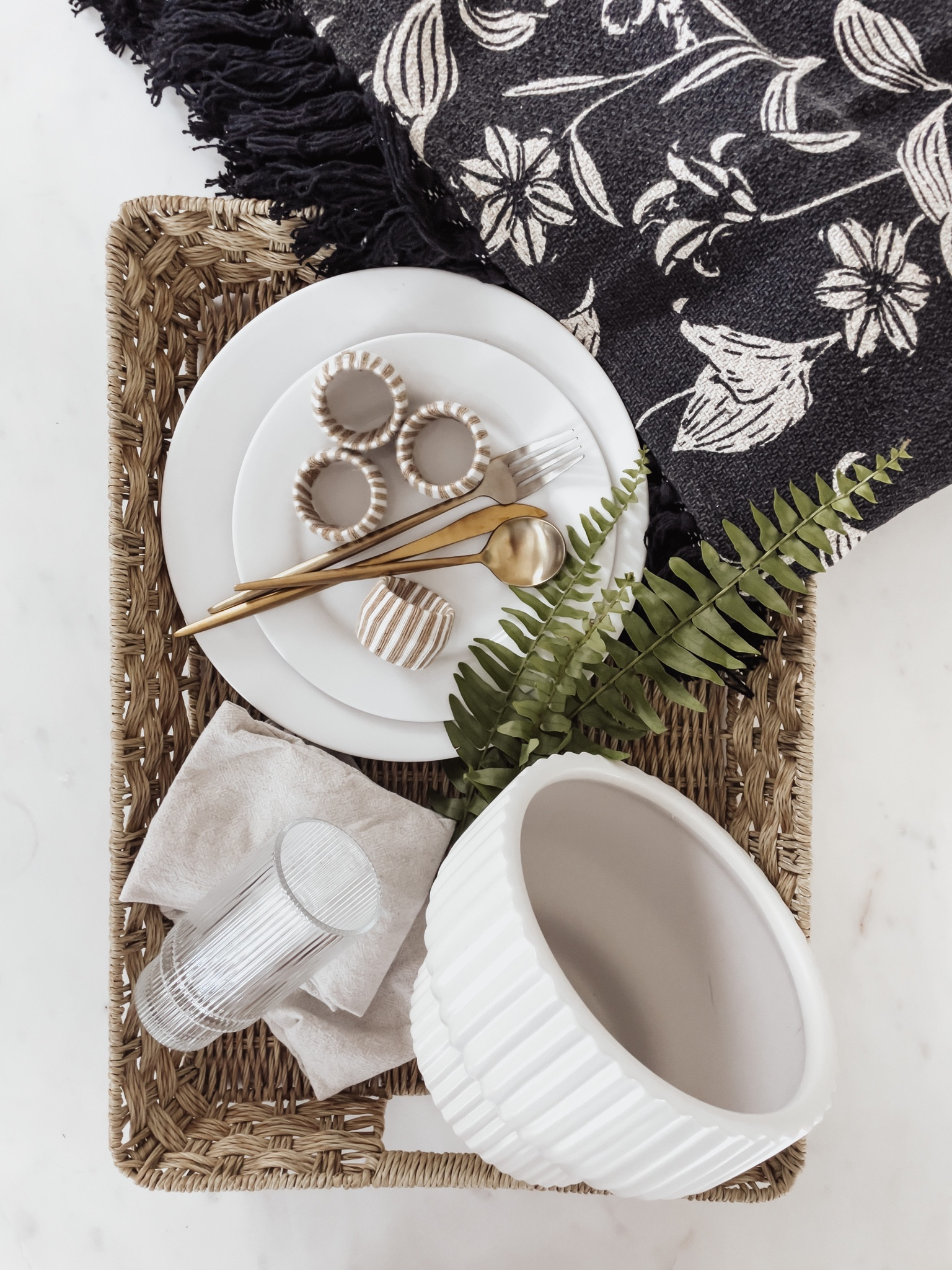 Tablescape inspiration. Rattan tray. Fluted planters. Ribbed glassware. White plates. Gold flatware. Linen napkins. Black floral throw blanket.

#walmart #walmartfinds #amazon #amazonfinds #creativecoop #betterhomesandgardens #tray #tablescape #planter #tabledecor #hosting #flatlay #neutraldecor

#LTKhome #LTKunder50 #LTKFind