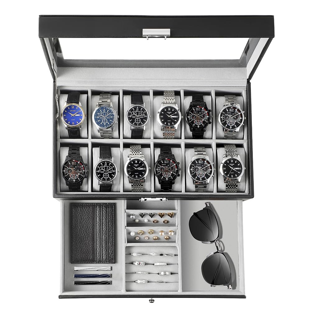 GUKA Watch Box 12 Slot Watch Display Organizer Leather Jewelry Case Drawer Glass Birthday for Men... | Amazon (US)