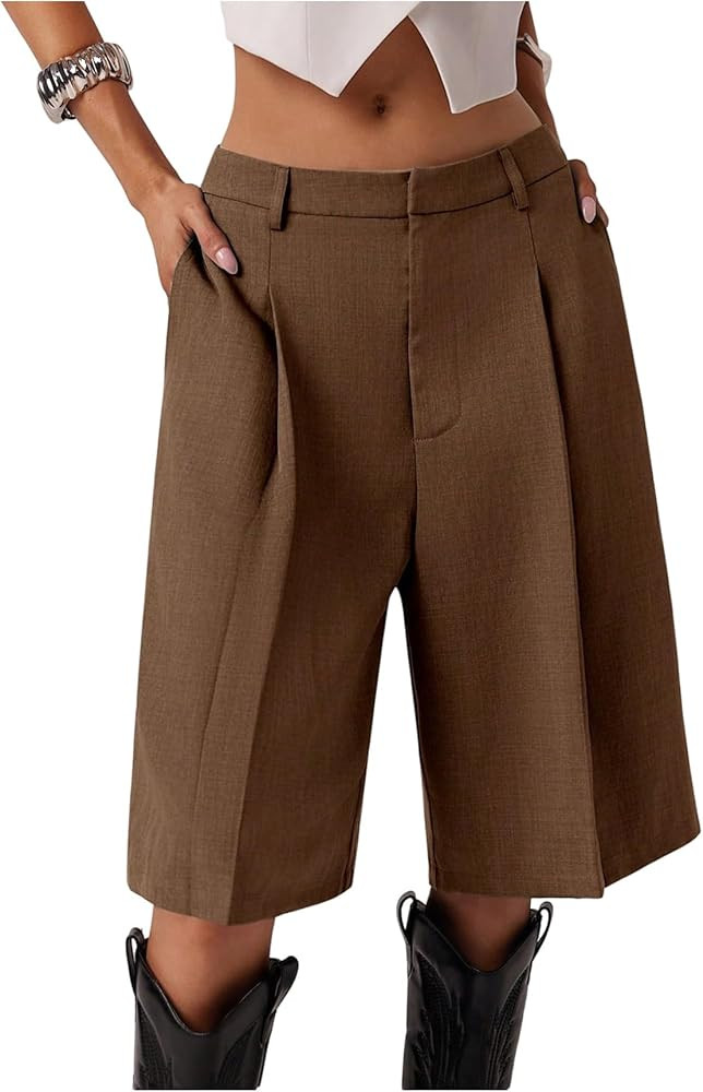 Milumia Women's Dressy Casual Wide Leg Bermuda Shorts Pleated Dress Shorts with Pockets | Amazon (US)