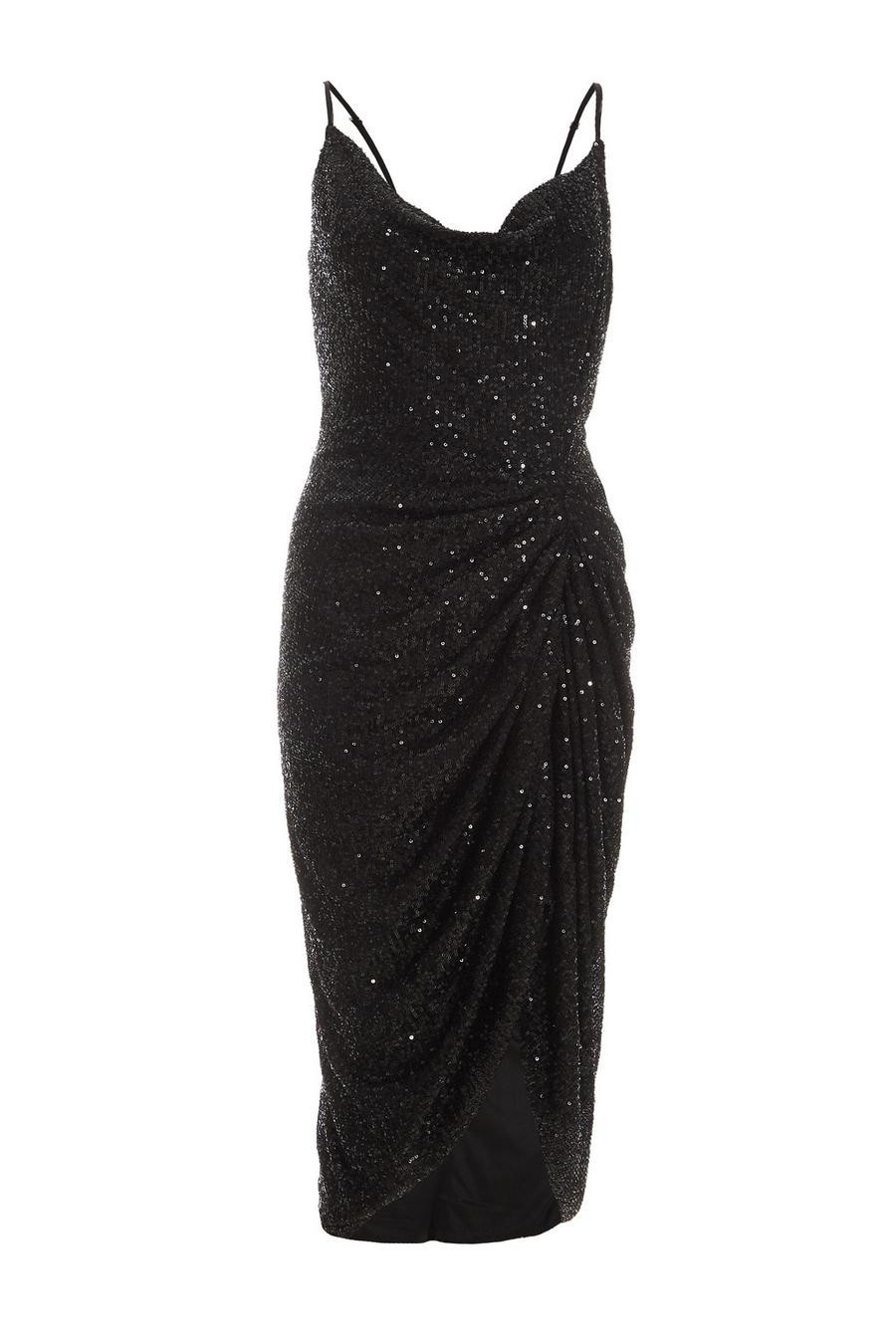 Black Sequin Ruched Midi Dress | Quiz Clothing (UK)