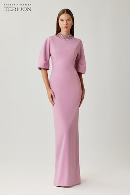 Crepe Beaded Neck Bell Sleeve Gown | TERI JON