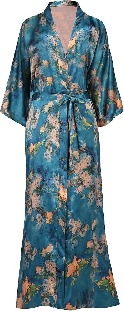 BABEYOND Floral Kimono Robe Satin Silky Wedding Robe Lightweight Long Kimono Nightgown Sleepwear | Amazon (US)