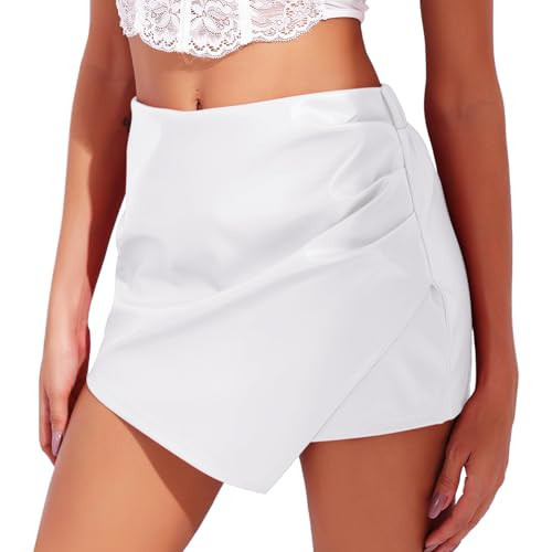 RIOJOY Womens Faux Leather Shorts High Waist Short Skirt Asymmetrical Ruched Wrap Skorts Skirts(White,L) | Amazon (US)