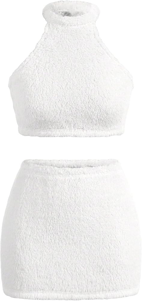 Verdusa Women's 2 Piece Outfit Fuzzy Flannel Crop Halter Top and Mini Bodycon Skirt | Amazon (US)
