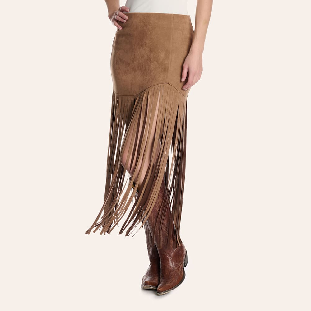 Moa Moa Caramel Suede Long Fringe Midi Skirt | Cavender's