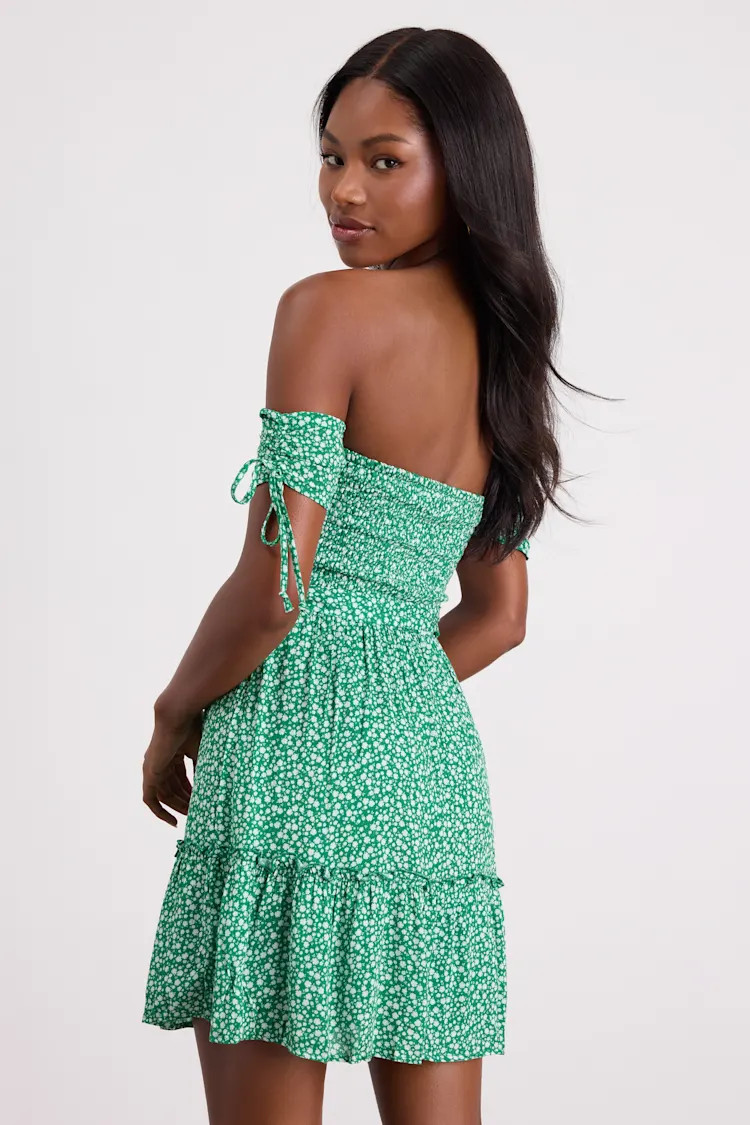 Sweetest Feelings Green Floral Off-the-Shoulder Mini Dress | Lulus