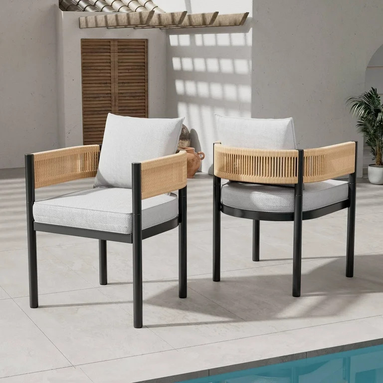 GRANDPATIO Steel Outdoor Dining Side Chairs, Wicker Back - Set of 2, Khaki Wicker & Beige Cushion | Walmart (US)
