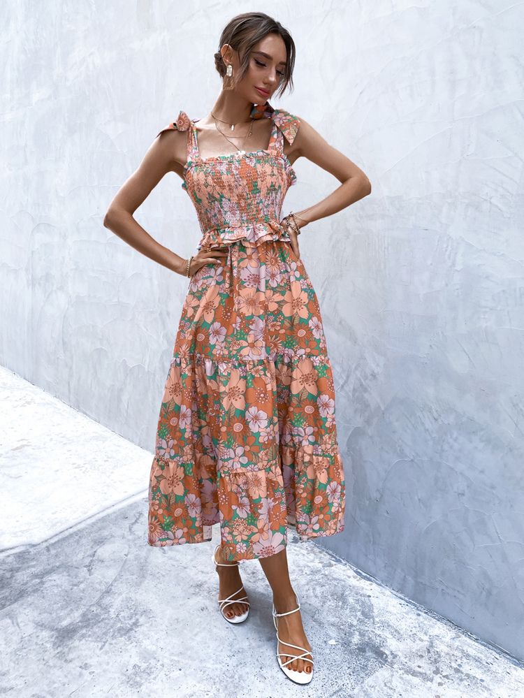 Floral Print Shirred Tiered Layer Ruffle Trim Cami Dress | SHEIN