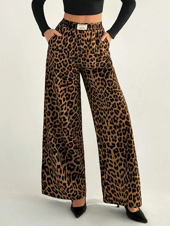 SHEIN Tall Women's Leopard Print Woven Waistband Patchwork Wide Leg Street Trousers | SHEIN
