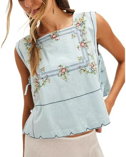 Embroidery Flower Tank Tops for Women Y2K Sleeveless Square Neck Tie Up Cropped Vest Summer Chic ... | Amazon (US)