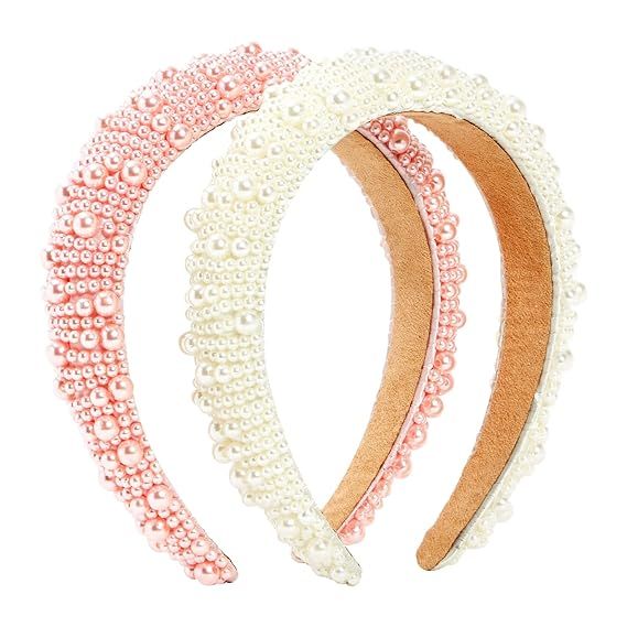 2 Pack Crystal Headbands for Women, Padded Pearl Headband (Light Pink, White) | Amazon (US)