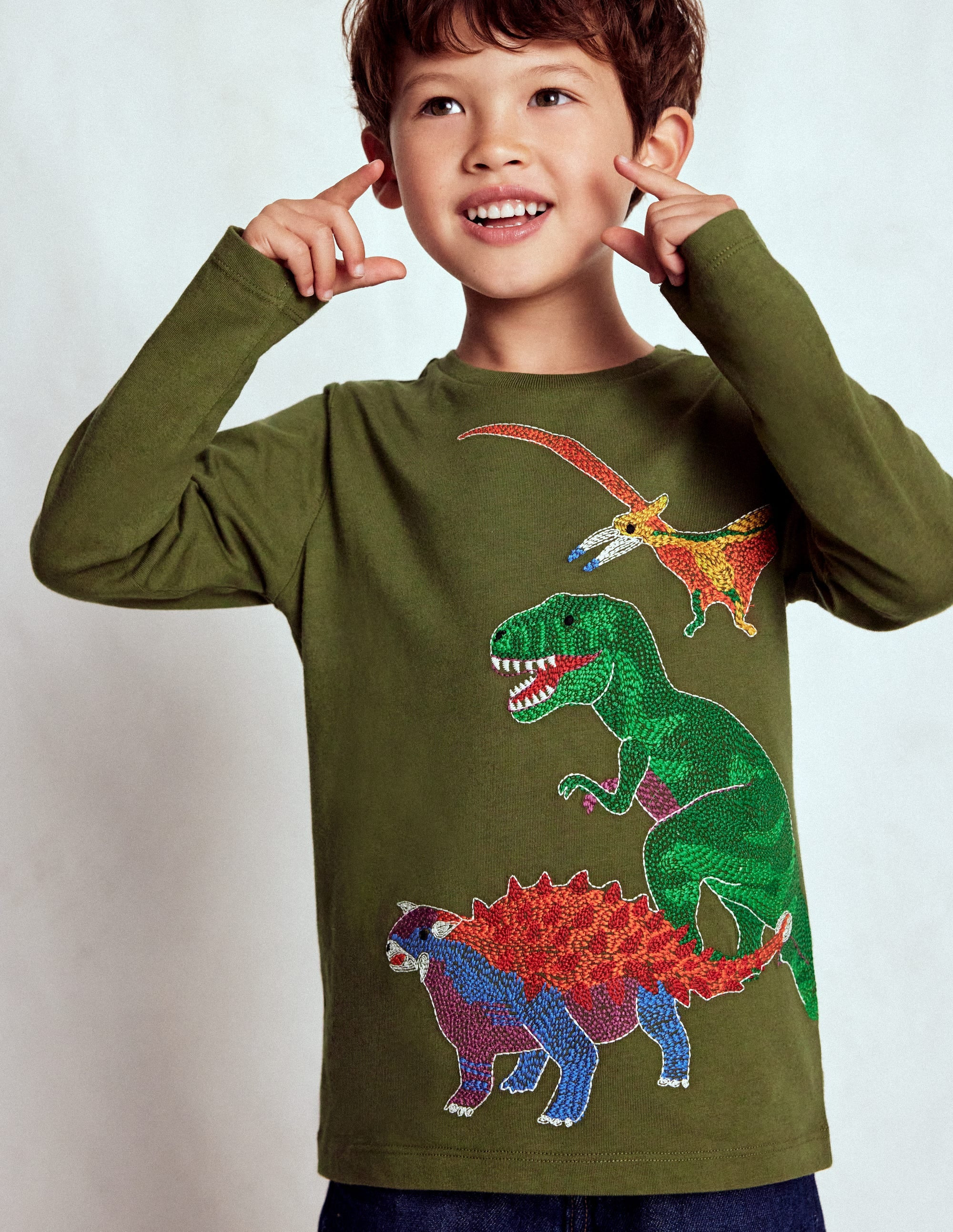 Glow Superstitch T-shirt-Winter moss Dino | Boden UK