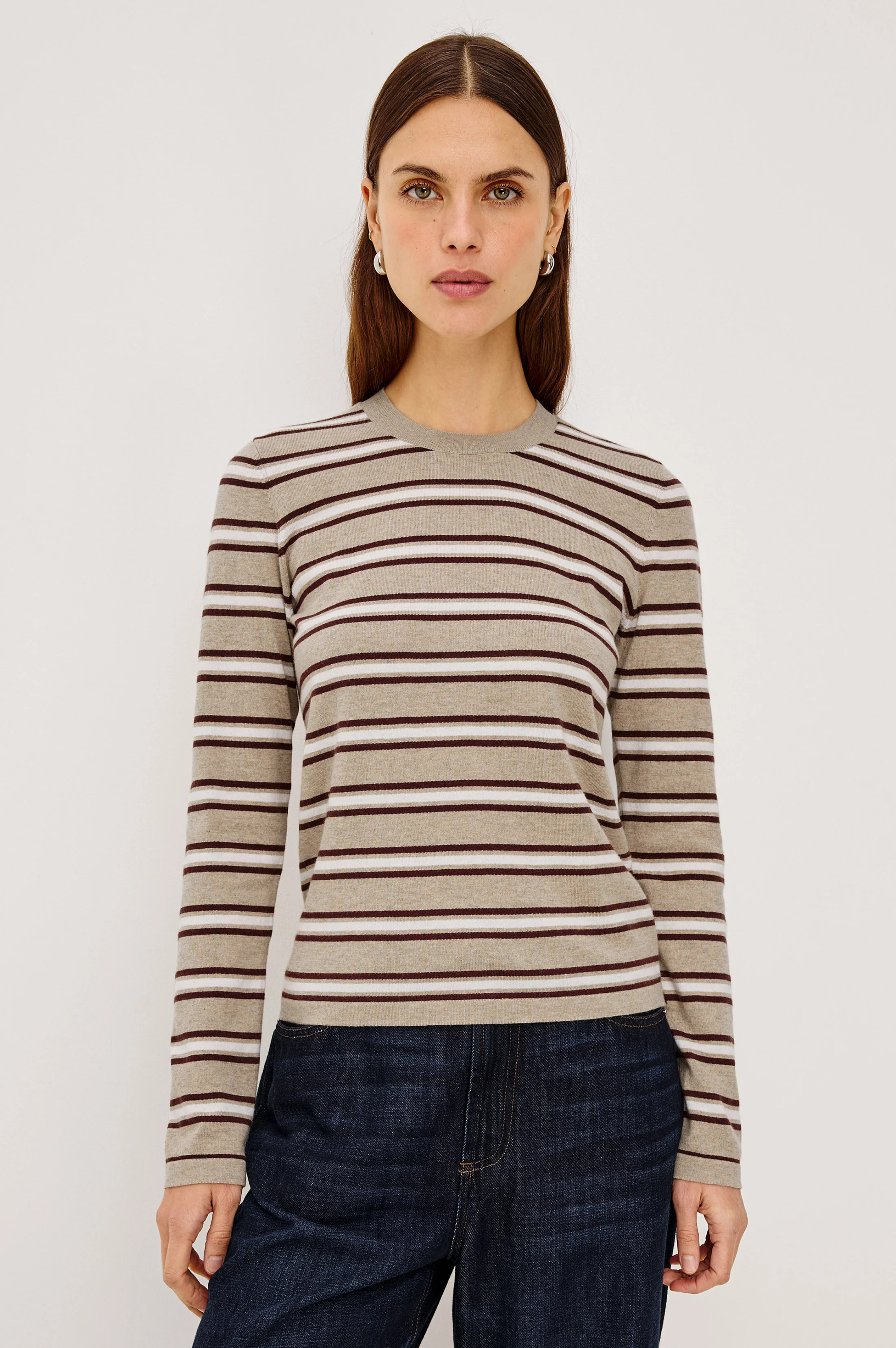 DAVIE COTTON CASHMERE LONG SLEEVE TEE - HEATHER OAT STRIPE - XXL | Rails