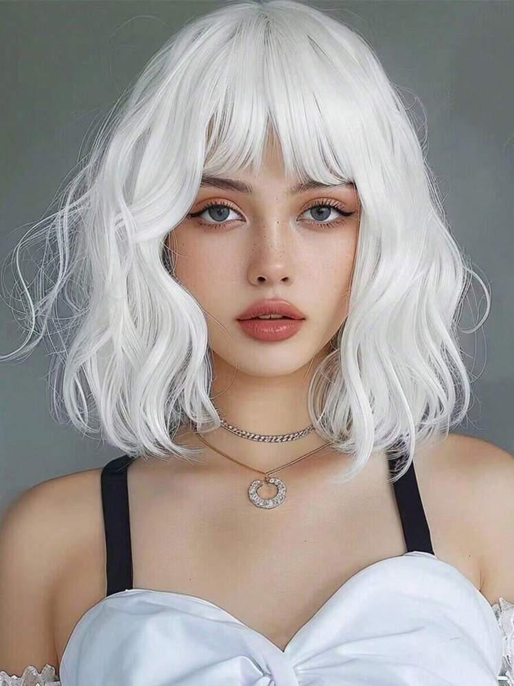 Ombre Blonde Short Wavy Cosplay Lolita Wigs With Bangs Light Platinum Bob Heat Resistant Synthetic Wigs For Women Daily Party Wig | SHEIN
