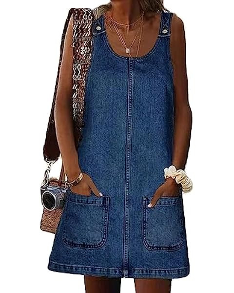 BZB Women's Sleeveless Casual Denim Dress Crewneck Vintage Overall Mini Dress with Pockets | Amazon (US)