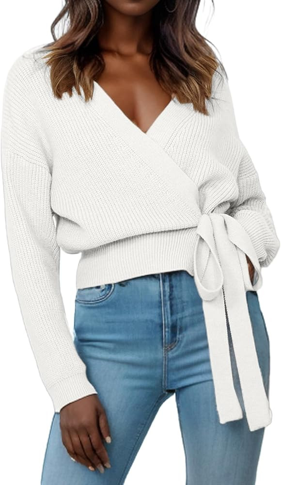 Womens Fall Sweaters 2025 Womens Casual V Neck Wrap Sweater Pullovers Lightweight Ribbed Drop Sho... | Amazon (US)
