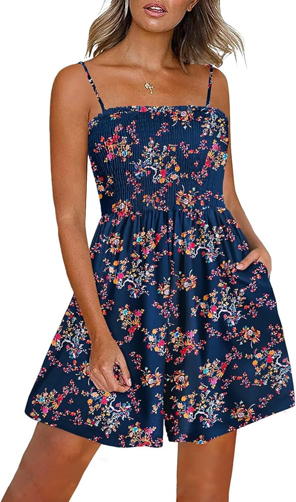 YESNO Women Summer Smocked Short Overalls Casual Boho Floral Rompers Spaghetti Straps Beach Jumps... | Amazon (US)