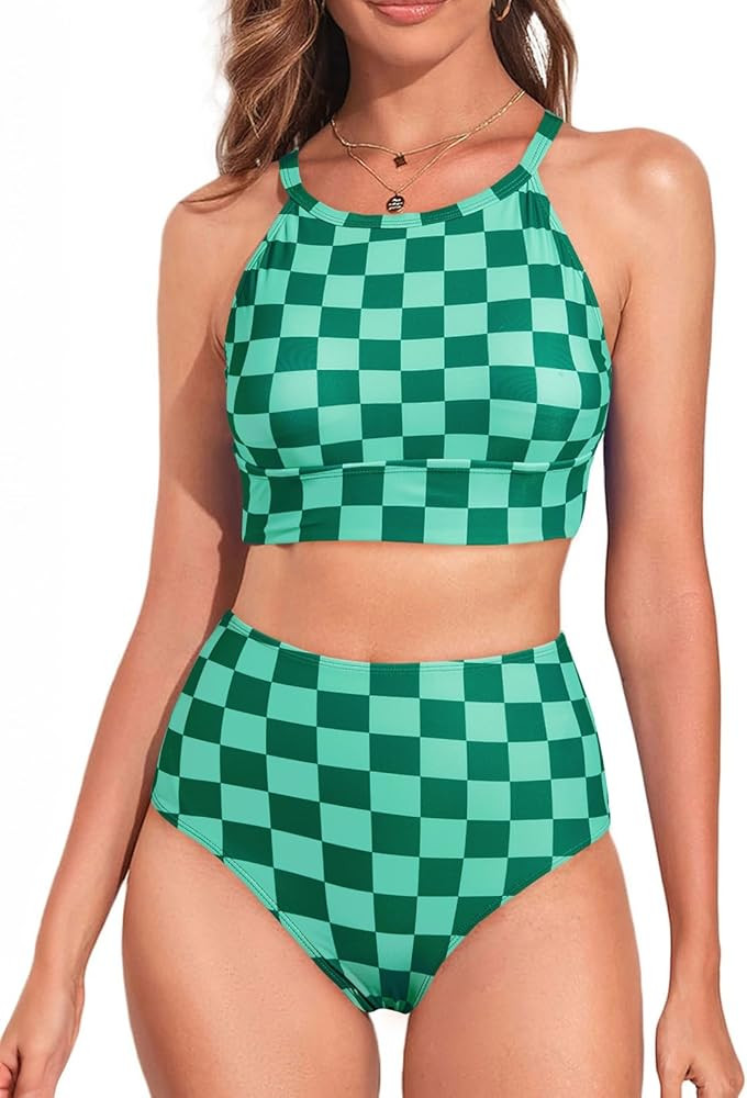 Herseas Women's Bikini Sets High Neck Tropical Leaf Print High Waisted Two Pieces Swimsuits Bathi... | Amazon (US)