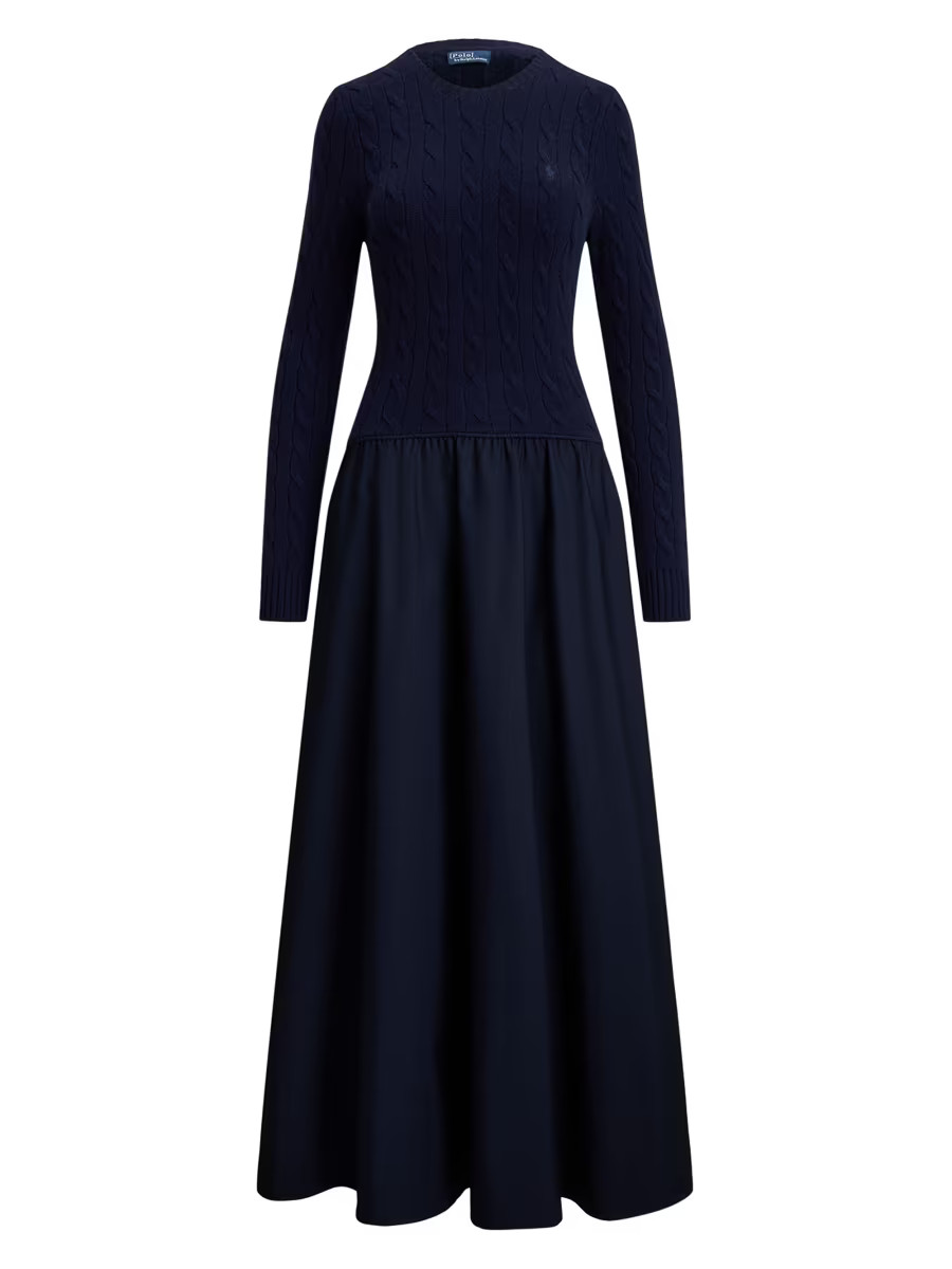 Polo Ralph Lauren Cable-Knit Mixed-Media Midi-Dress | Saks Fifth Avenue | Saks Fifth Avenue
