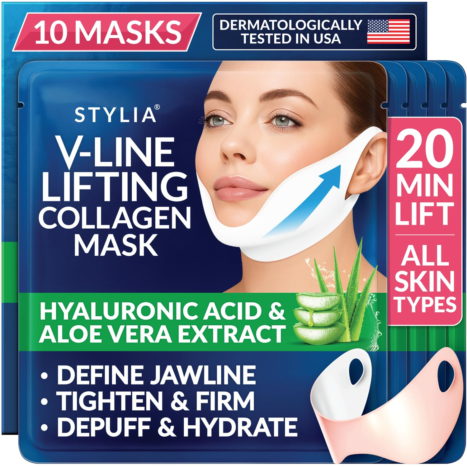Stylia V Line Lifting Collagen Mask - Lift, Firm & Contour Jawline - Tightening Double Chin Strap with Hyaluronic Acid & Aloe - Neck Tightening and Lifting Mask - Jawline Shaper Face Lift Tape (10PC) | Amazon (US)