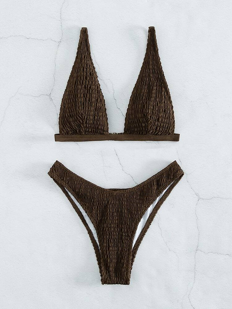 Smocked V Neck Bikini Swimsuit | SHEIN