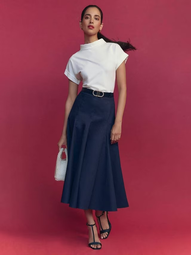 Hobbs Silvia Pleat Midi Skirt, True Navy | John Lewis (UK)