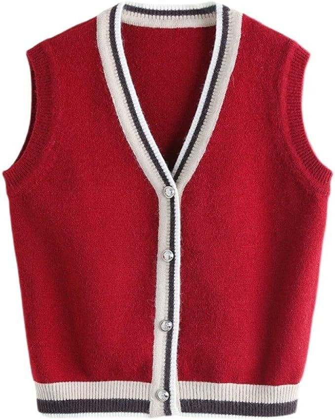 DAMAIJSQ Women'S Knitted Vest - Womens V Neck Gilets Knitted Vest Short White Striped Cardigan Ja... | Amazon (UK)