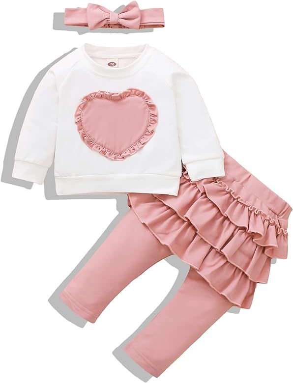 Baby Girl Clothes Toddler Girl Infant Outfit 3pc Love Heart Sweatshirt Top Ruffle Long Pant Set Head | Amazon (US)