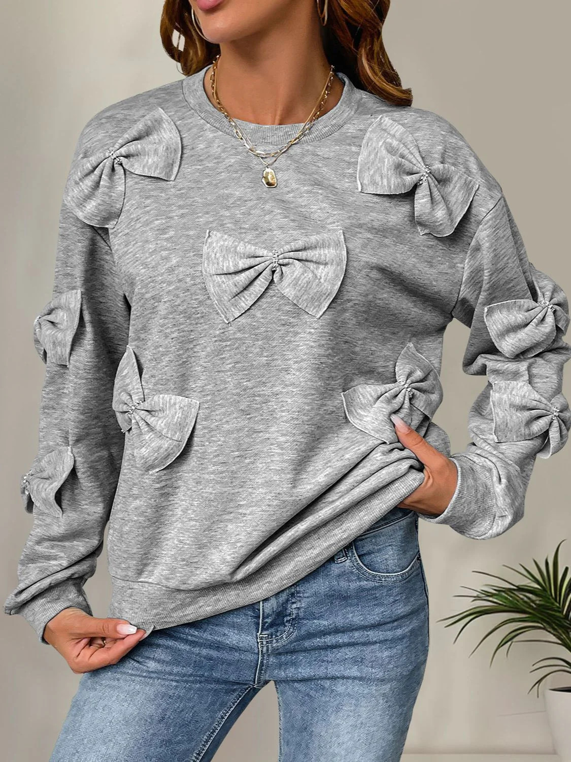 Bow Round Neck Long Sleeve Sweatshirt S | Casual Chic Boutique