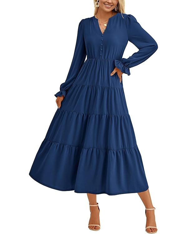 PRETTYGARDEN Women's Fall Maxi Dress Long Sleeve V Neck Tiered Ruffle Flowy A Line Cocktail Party... | Amazon (US)