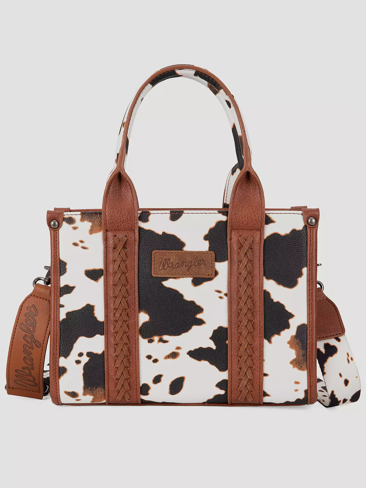 Allover Cow Print Cross Body Mini Tote in Black/Brown | Wrangler