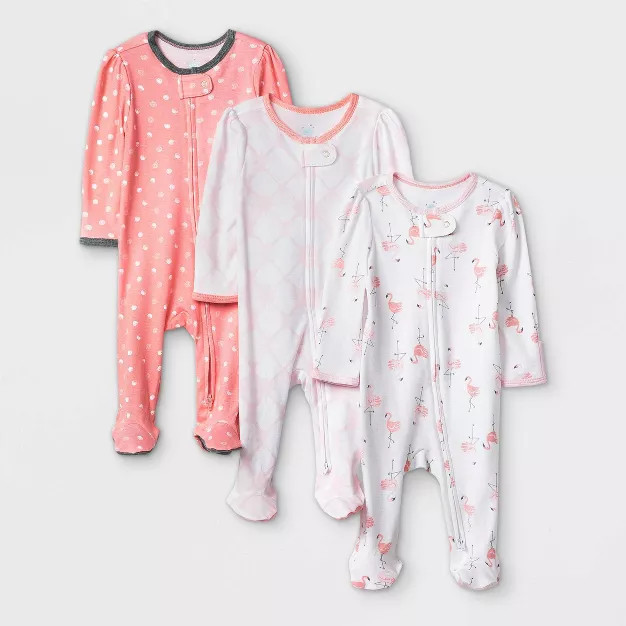 Baby Girls' 3pk Flamingo Zip-Up Sleep N' Play - Cloud Island™ Coral/White | Target