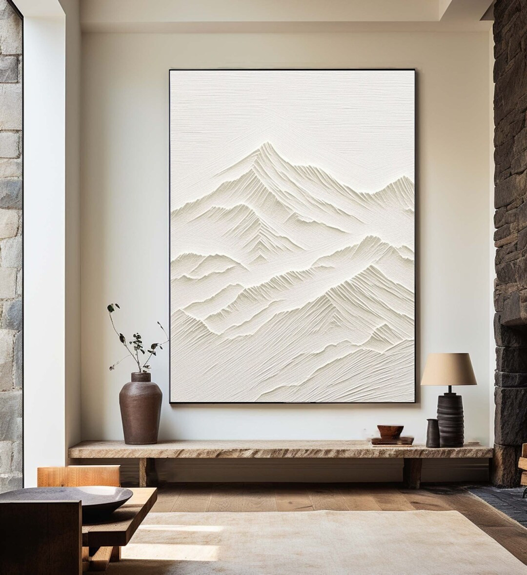 Large White Abstract Mountain painting White 3D Texture Mountain Painting White Minimalist Plaste... | Etsy (US)