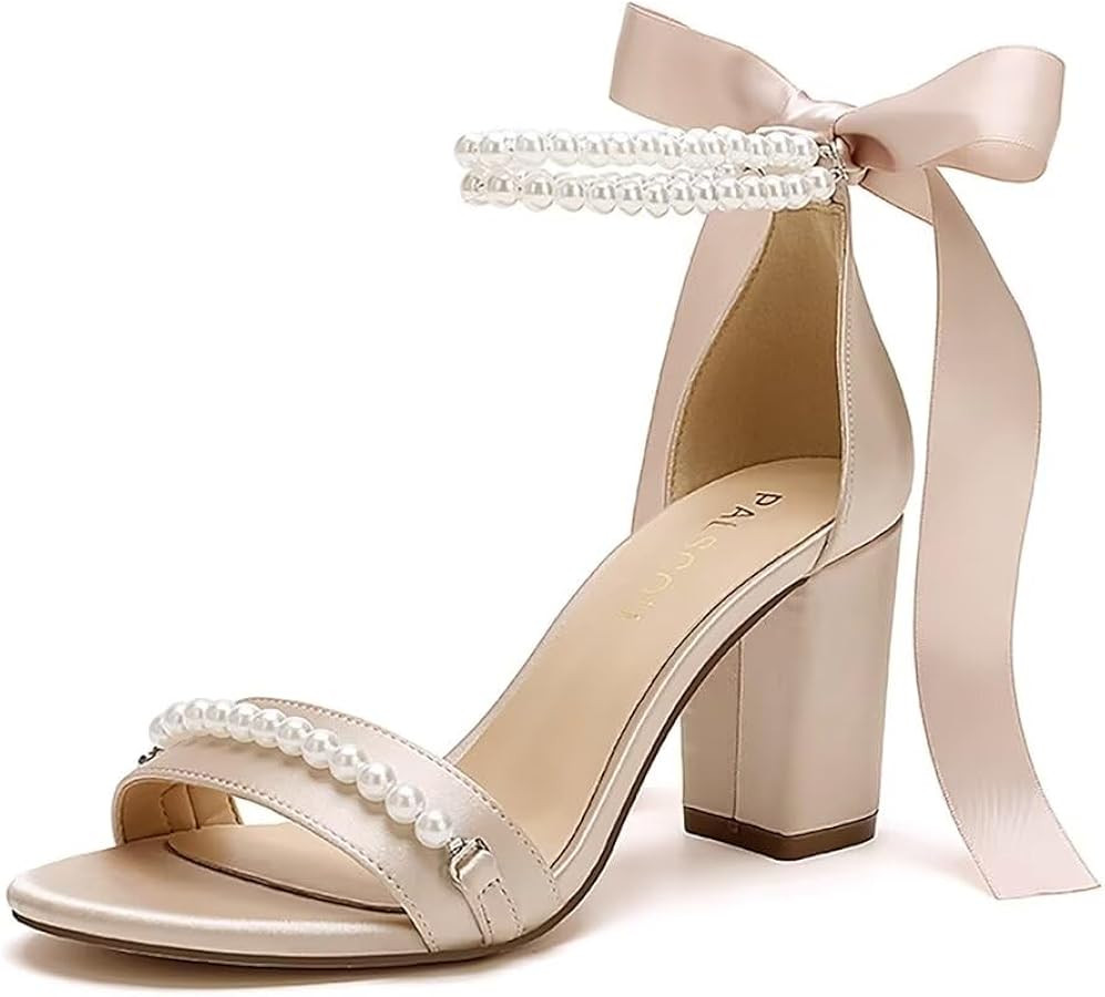 Block Heel Wedding Sandals Pearl Wedding Shoes for Bride Open Toe Bridal Shoes Chunky Heel Sandal... | Amazon (US)