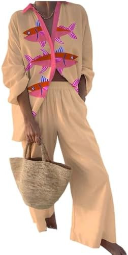 Akivide Womens Beach Vacation 2 Piece Outfits Long Sleeve Button Down Shirts and Matching Drawstr... | Amazon (US)