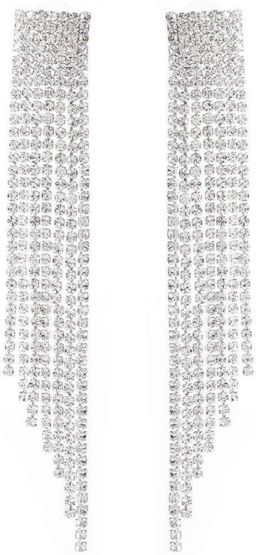 Unicra Long Rhinestone Fringe Earrings Silver Bridal Tassel Dangle Earrings Large Bling Crystal C... | Amazon (US)