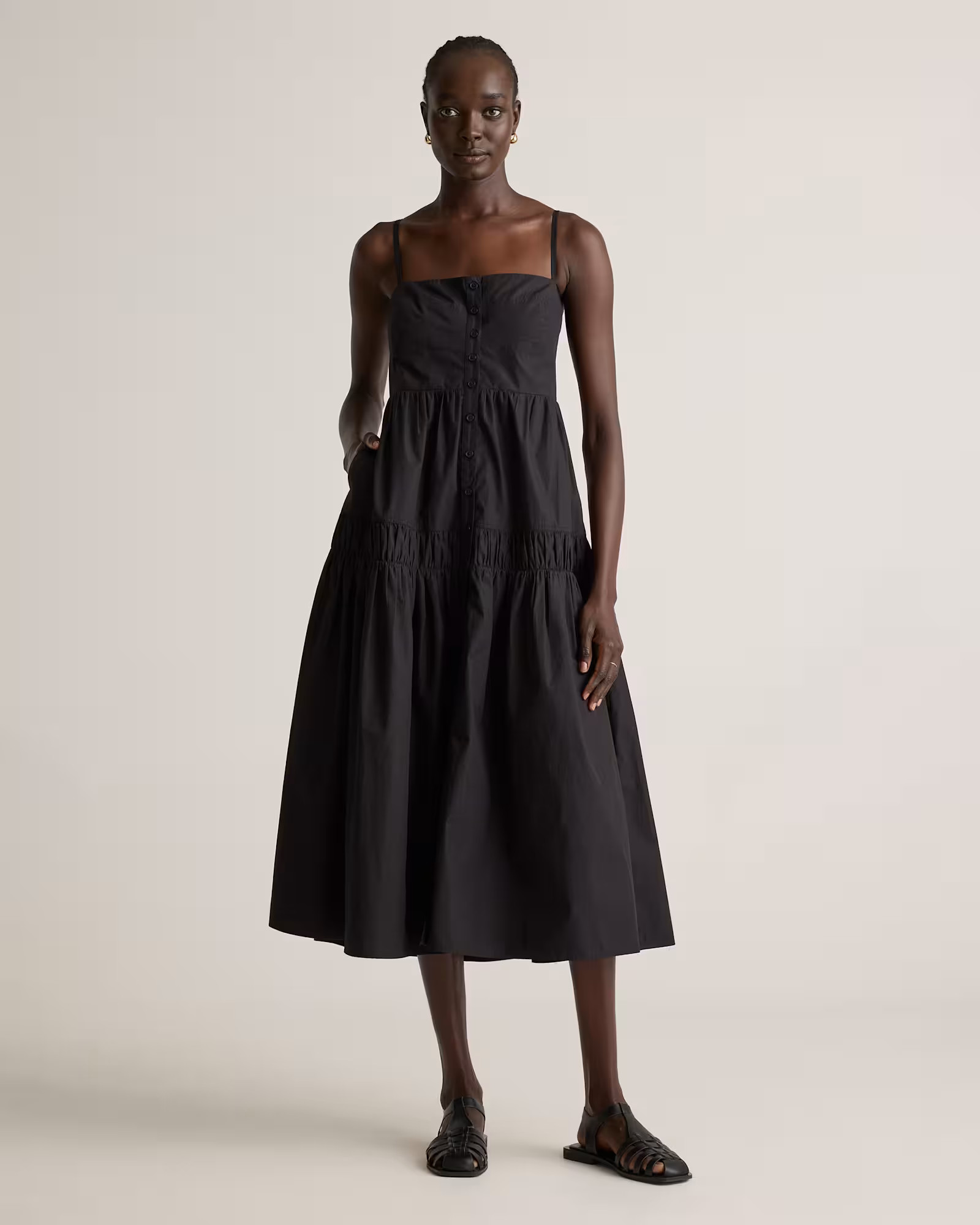100% Organic Cotton Poplin Spaghetti Strap Maxi Dress in Black | Quince