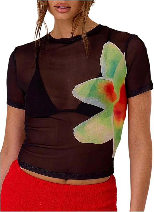 WDIRARA Women's Mesh Sheer Floral T Shirts See Through Crop Tops | Crew Neck Short Sleeve | Amazon (US)