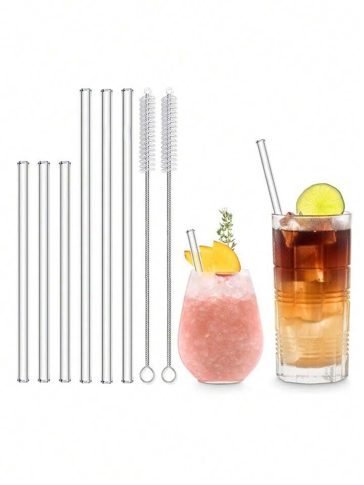 6pcs Glass Straws & 2pcs Cleaning Brushes Set, Ideal For Drinking Smoothies, Juice, Milkshake | SHEIN