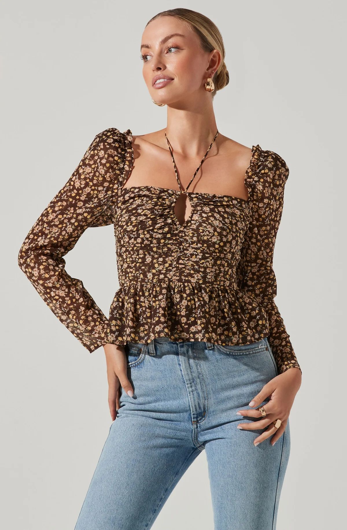 Toni Ruched Halter Long Sleeve Peplum Top | ASTR The Label (US)