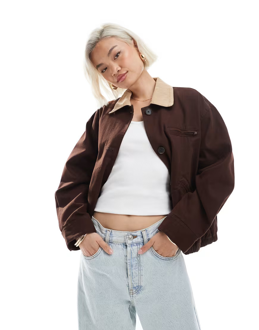 ASOS DESIGN bomber barn jacket with stone collar in chocolate-Brown | ASOS (Global)