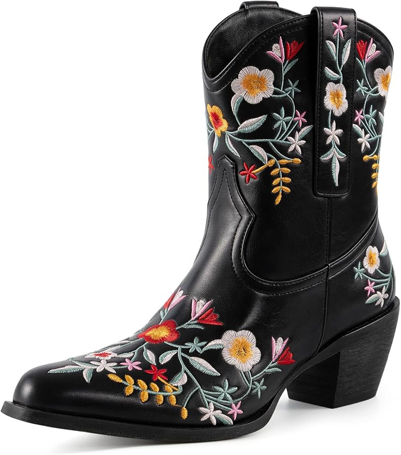 CRYSIGNE Women's Flower Embroidered Ankle Cowgirl Boots Floral Snip Square Toe Western Cowboy Boo... | Amazon (US)
