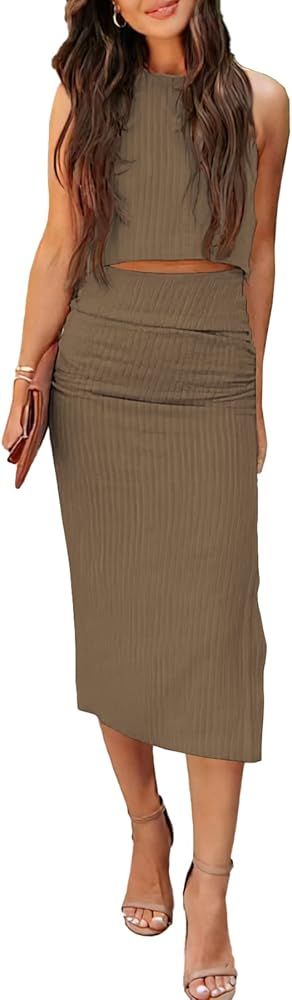PRETTYGARDEN Women's 2 Piece Summer Outfits Crewneck Tank Tops Split Bodycon Midi Skirt Dress Set | Amazon (US)
