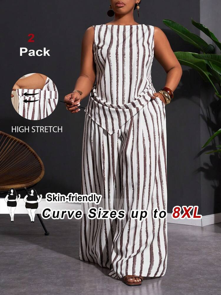 SHEIN CURVE+ Plus Size Women's Summer White Wide Stripe Sleeveless Ruffle Asymmetric Top & Wide Leg Pants 2-Piece Set,Smart Casual Vacation Beach Outfit Coords | SHEIN USA 🇺🇸 | SHEIN