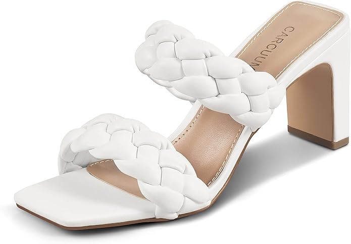 Womens Braided Heels Square Open Toe Two Strappy Woven Mule Block Casual Heeled Sandals | Amazon (US)