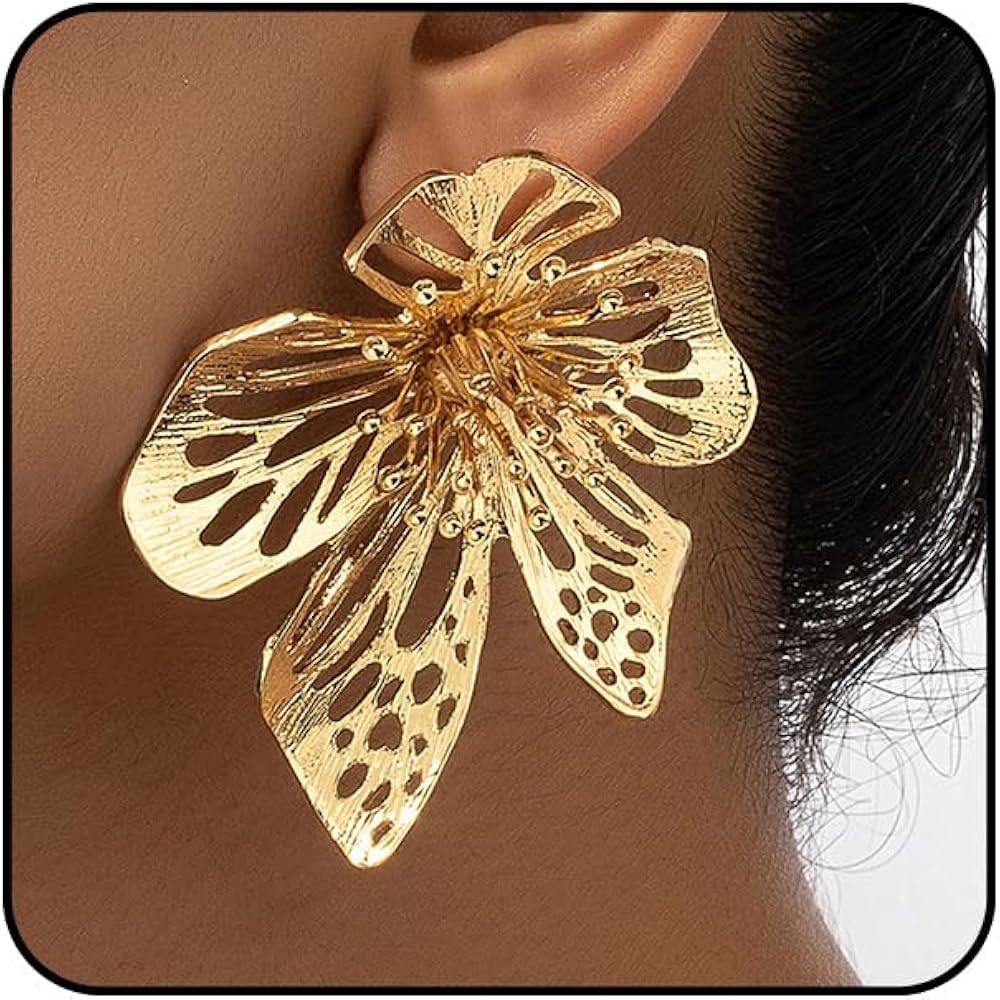 Large Black Flower Earrings for Women Silver Needle Bendable Big Gold Statement Earrings Gothic P... | Amazon (US)