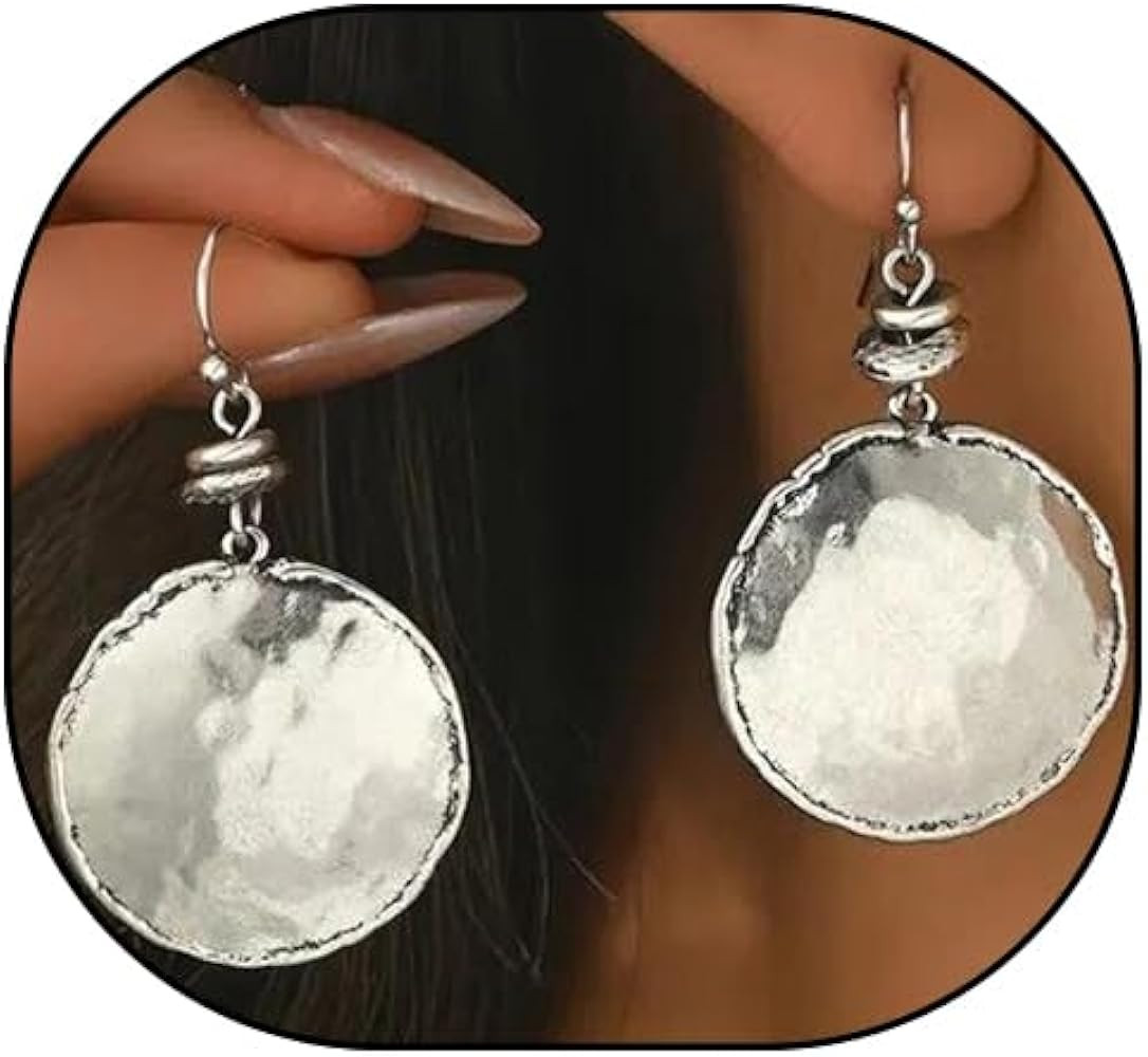 Antique Silver Hammered Coin Disc Dangle Earrings for Women,Simply Geometrical Matte Round Dangli... | Amazon (US)